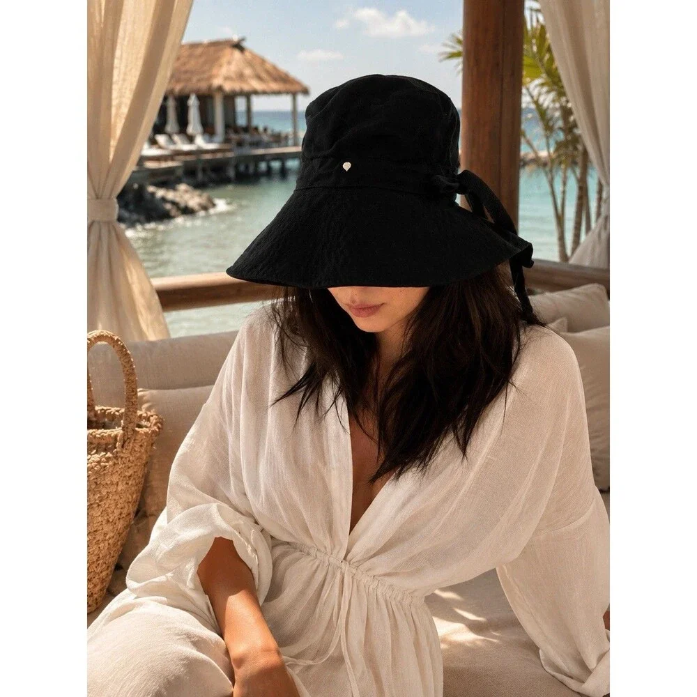 Helen Kaminski Black Wide Brim Bucket Hat Bow Detail Made in West Africa Resort - Picture 7 of 12